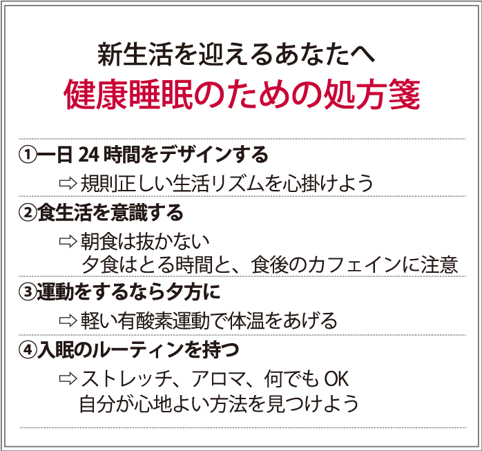 新生活を迎えるあなたへ！　健康睡眠のための処方箋①一日24時間をデザインする→規則正しい生活リズムを心掛けよう②食生活を意識する→朝食は抜かない、夕食後のカフェインに注意③運動をするなら夕方に→軽い有酸素運動で体温をあげる④入眠のルーティンを持つ→ストレッチ、アロマ、何でもOK。自分が心地よい方法を見つけよう！