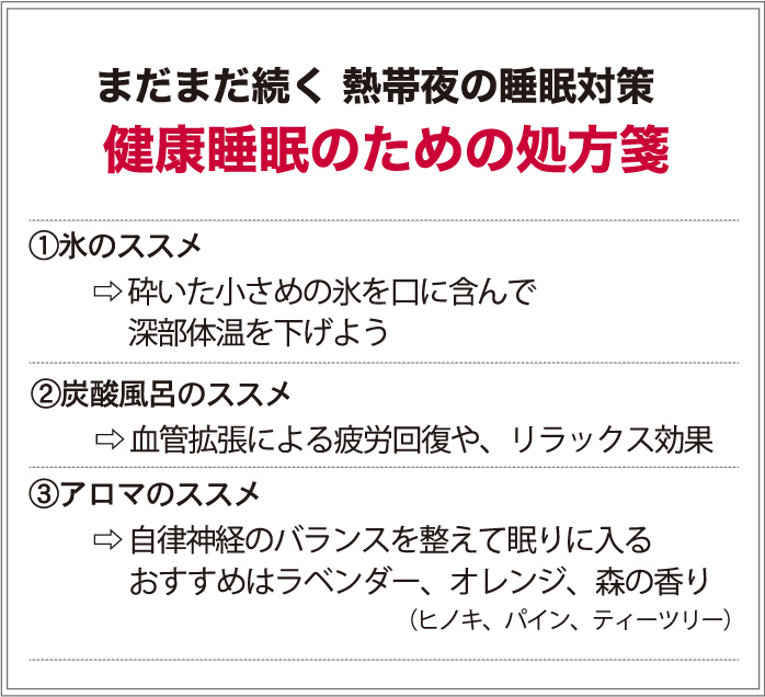 まだまだ続く熱帯夜の睡眠対策！　健康睡眠のための処方箋　①氷のススメ→砕いた小さめの氷を口に含んで深部体温をを下げよう　②炭酸風呂のススメ→血管拡張による疲労回復や、リラックス効果　③アロマのススメ→自律神経のバランスを整え、リラックスして眠りに入る　おすすめはラベンダー、オレンジ、ヒノキ、パイン、ティーツリー